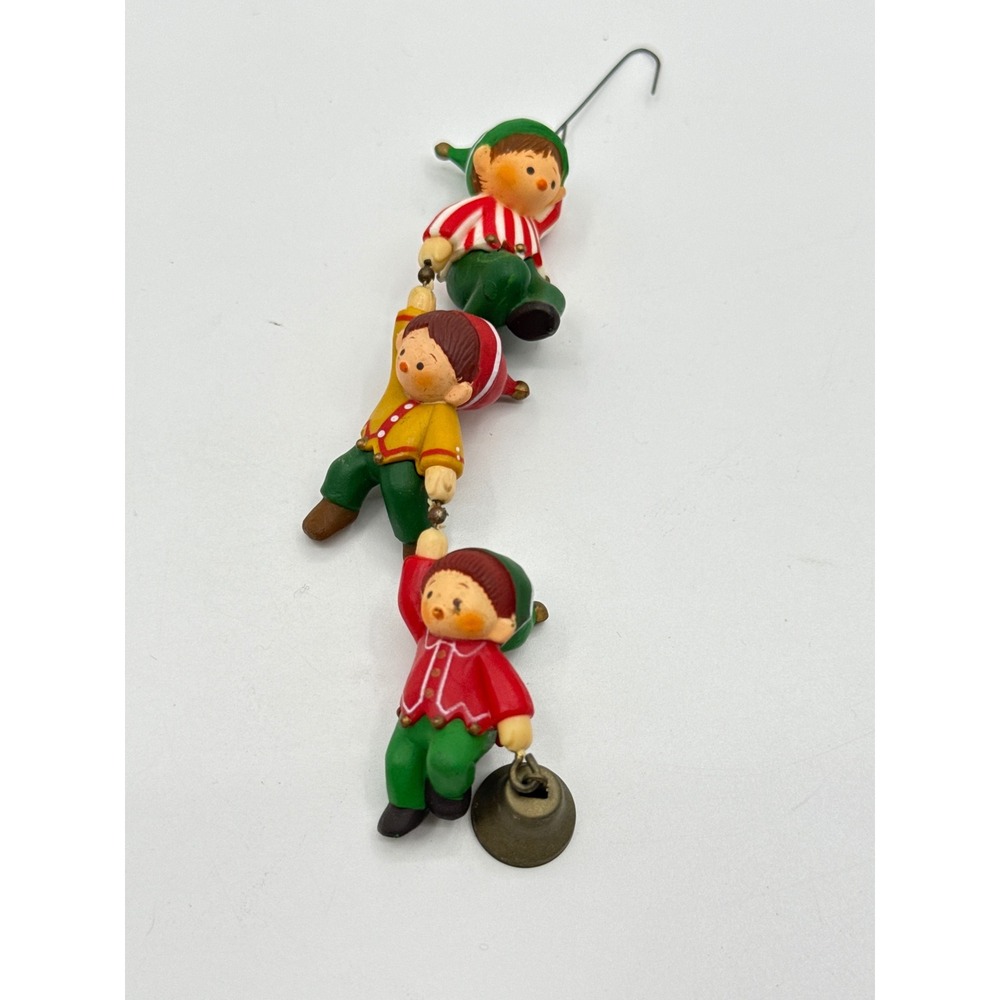 Vintage Style Hanging Elves Christmas Ornament Three Linked Figures with Bell
